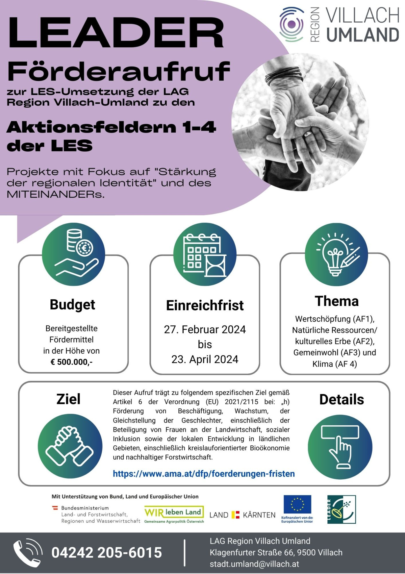 Aktueller Förderaufruf der LAG Region Villach Umland inklusive Budget, Einreichfist und Thema
