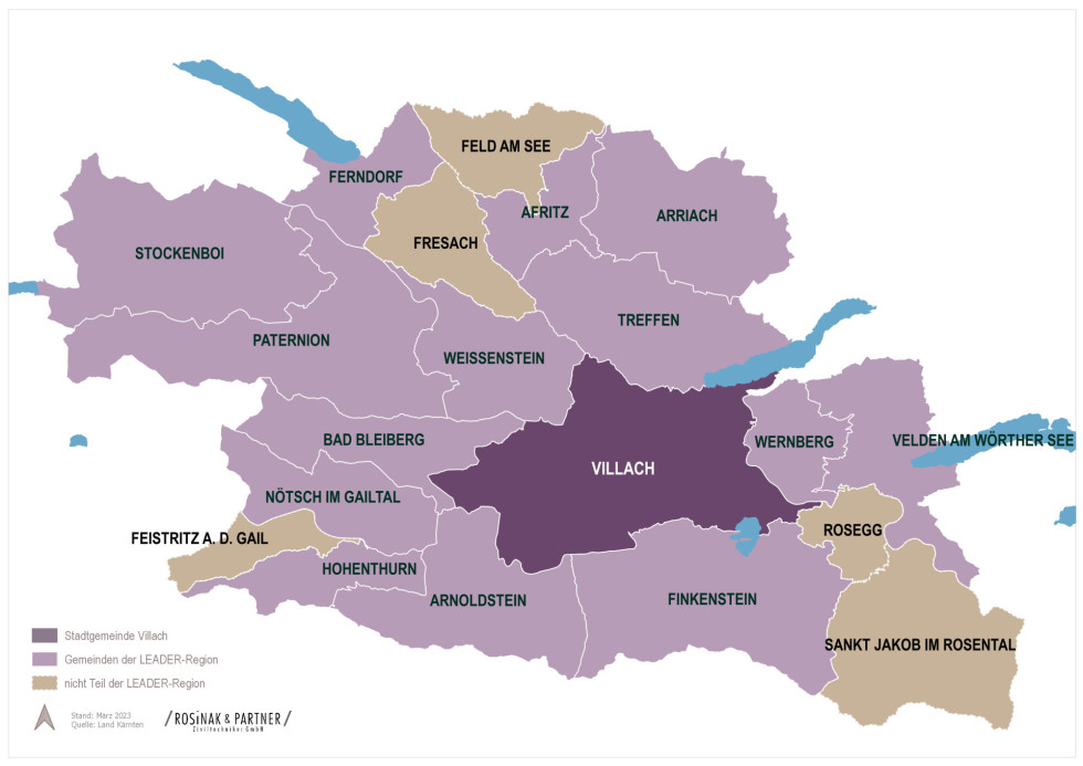 Die LEADER-Region Villach Umland mit ihren Mitgliedsgemeinden Arnoldstein, Arriach, Afritz am See, Bad Bleiberg, Ferndorf, Finkenstein am Faaker See, Hohenthurn, Nötsch im Gailtal, Paternion, Stockenboi, Treffen am Ossiacher See, Velden am Wörthersee, Villach, Weißenstein, Wernberg