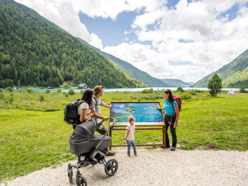 Menschen sehen sich eine Schautafel beim Weißensee an