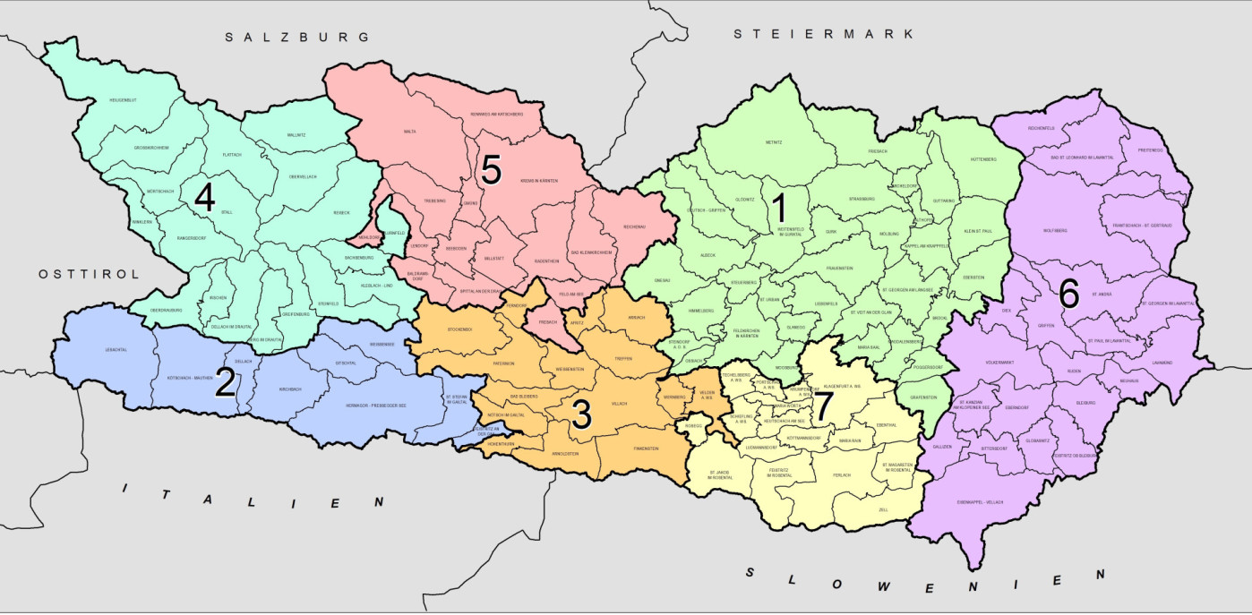 Grafische Darstellung der sieben LEADER Regionen in Kärnten