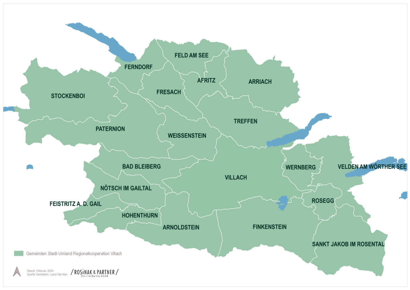 Die LEADER-Region Villach Umland mit ihren Mitgliedsgemeinden Arnoldstein, Arriach, Afritz am See, Bad Bleiberg, Feistritz an der Gail, Feld am See, Ferndorf, Finkenstein am Faaker See, Fresach, Hohenthurn, Nötsch im Gailtal, Paternion, Rosegg, St. Jakob im Rosental, Stockenboi, Treffen am Ossiacher See, Velden am Wörthersee, Villach, Weißenstein, Wernberg